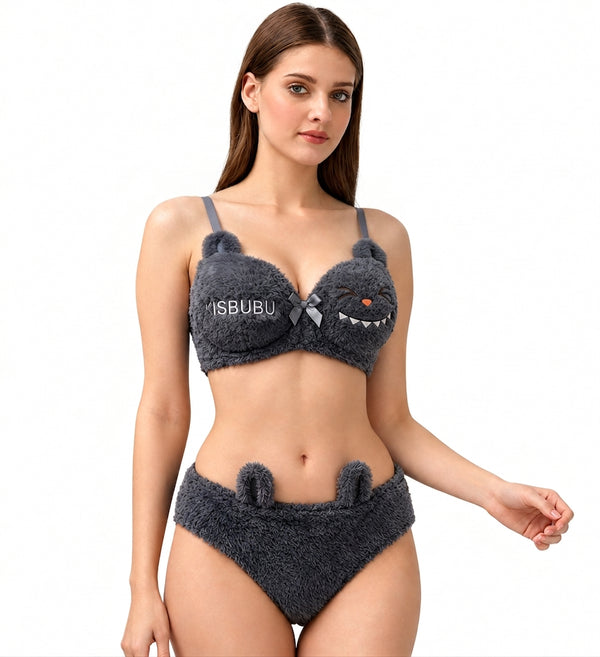 CUDDLY BEAR FUR MATCHING BRA & PANTY SET